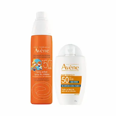 Kit Avène Protetor Solar Facial Mat Perfect Tri-Defense Ultra Fluido FPS 50 40g + Protetor Solar Infantil FPS 50+ Spray 200ml